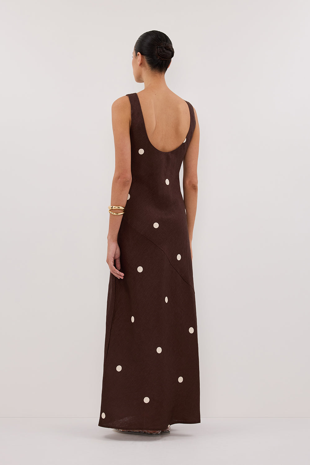 BEVERLY BITTER CHOC SPOT LINEN MIDI DRESS