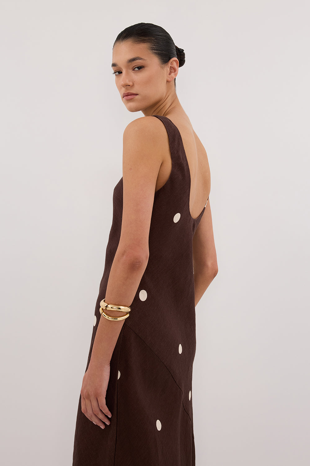 BEVERLY BITTER CHOC SPOT LINEN MIDI DRESS