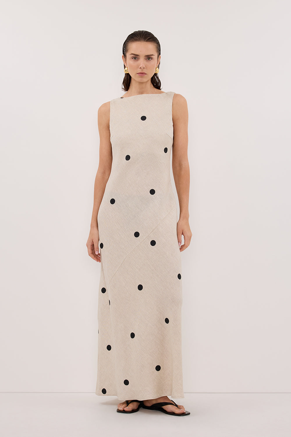 BEVERLY NATURAL SPOT LINEN MIDI DRESS