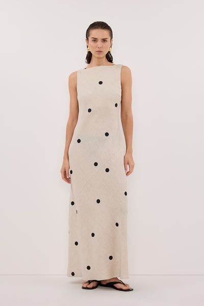 Stas wearing BEVERLY NATURAL SPOT LINEN MIDI DRESS