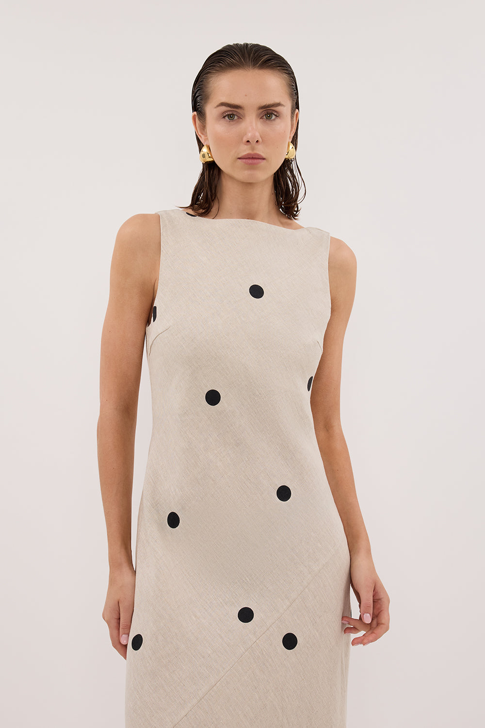BEVERLY NATURAL SPOT LINEN MIDI DRESS