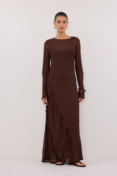 Aude wearing MARISSA CHOC LONG SLEEVE MAXI DRESS