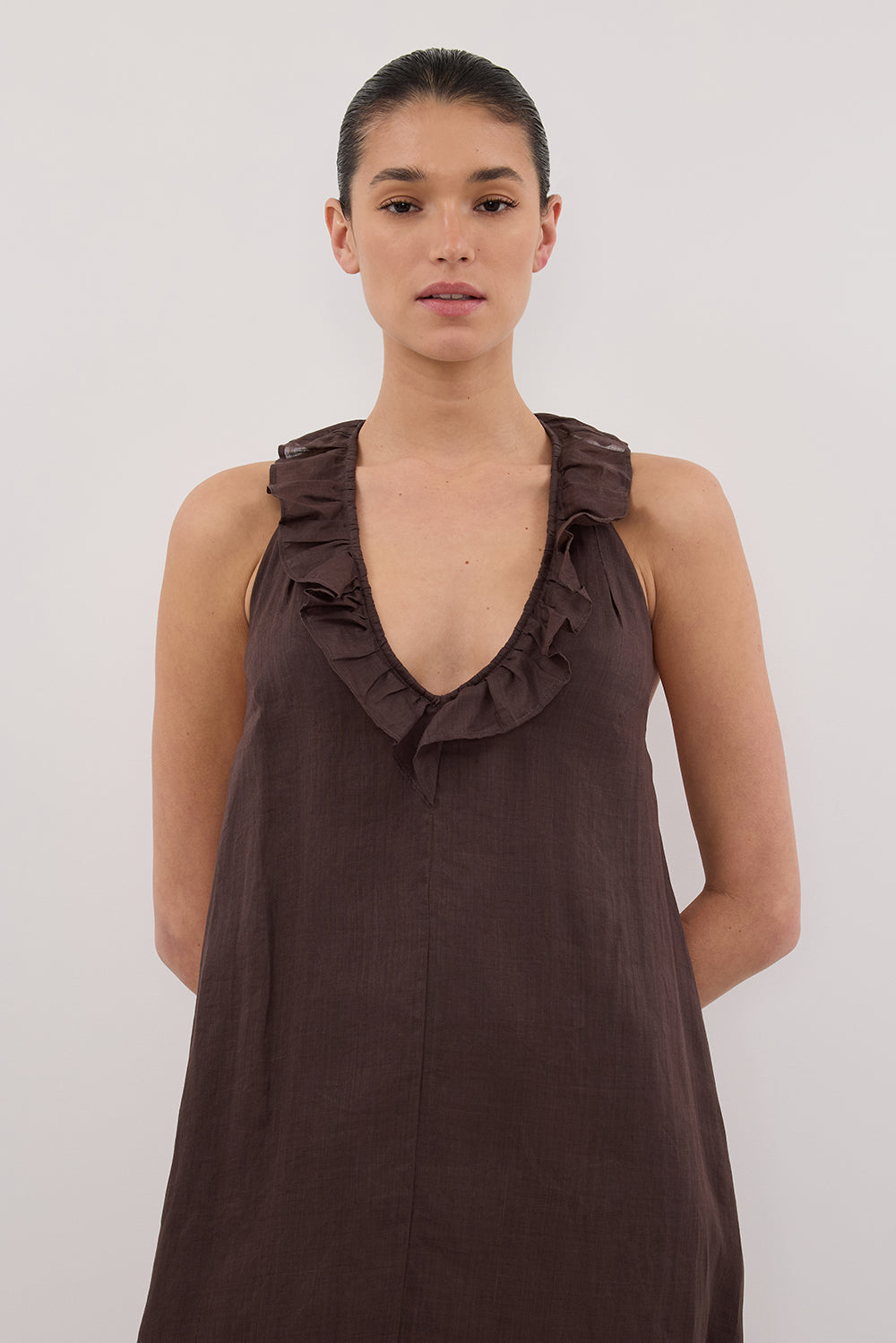 HAZEL DARK CHOC RAMIE SLEEVELESS MIDI DRESS