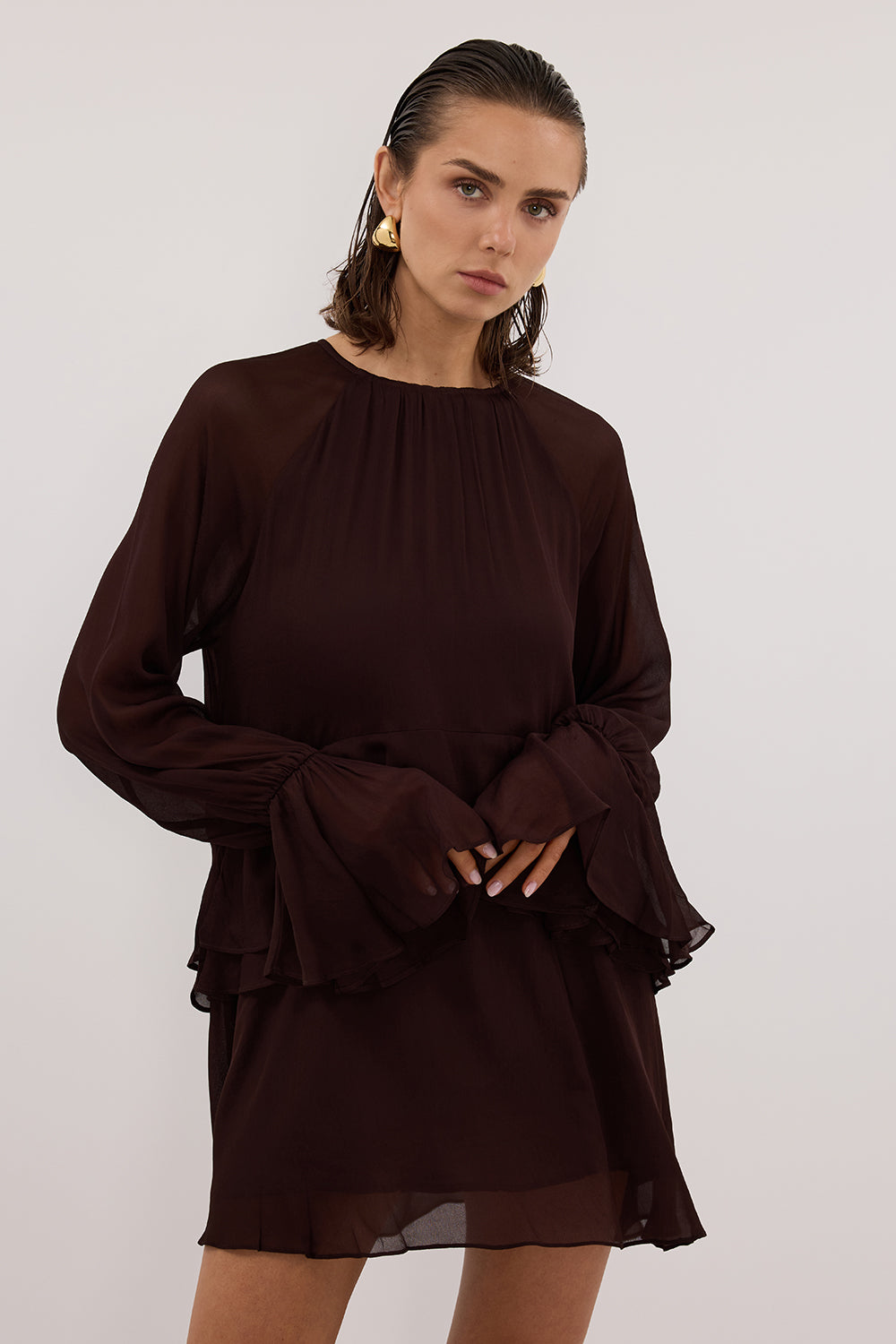 BODHI DARK CHOC LONG SLEEVE MINI DRESS