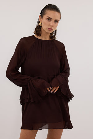 BODHI DARK CHOC LONG SLEEVE MINI DRESS