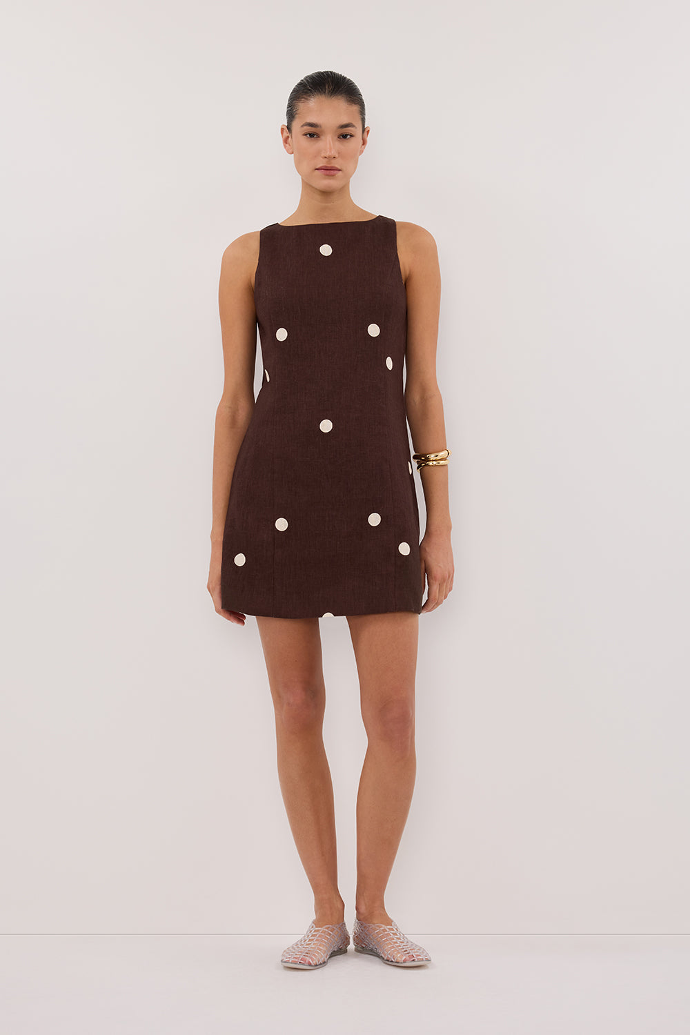 BEVERLY BITTER CHOC SPOT LINEN MINI DRESS