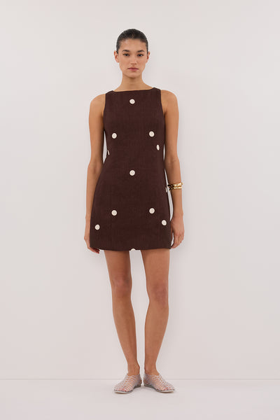 Aude wearing BEVERLY BITTER CHOC SPOT LINEN MINI DRESS