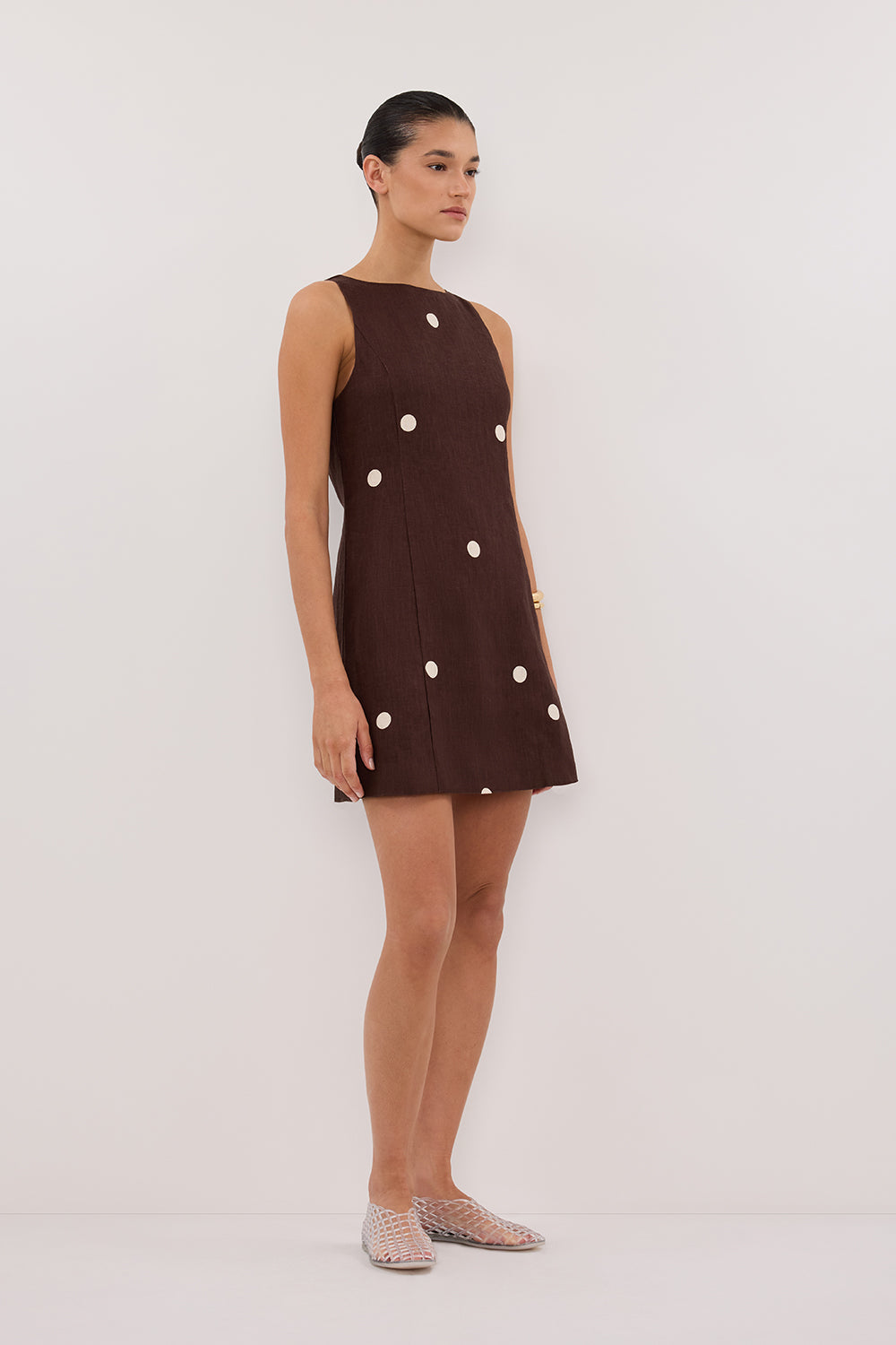 BEVERLY BITTER CHOC SPOT LINEN MINI DRESS