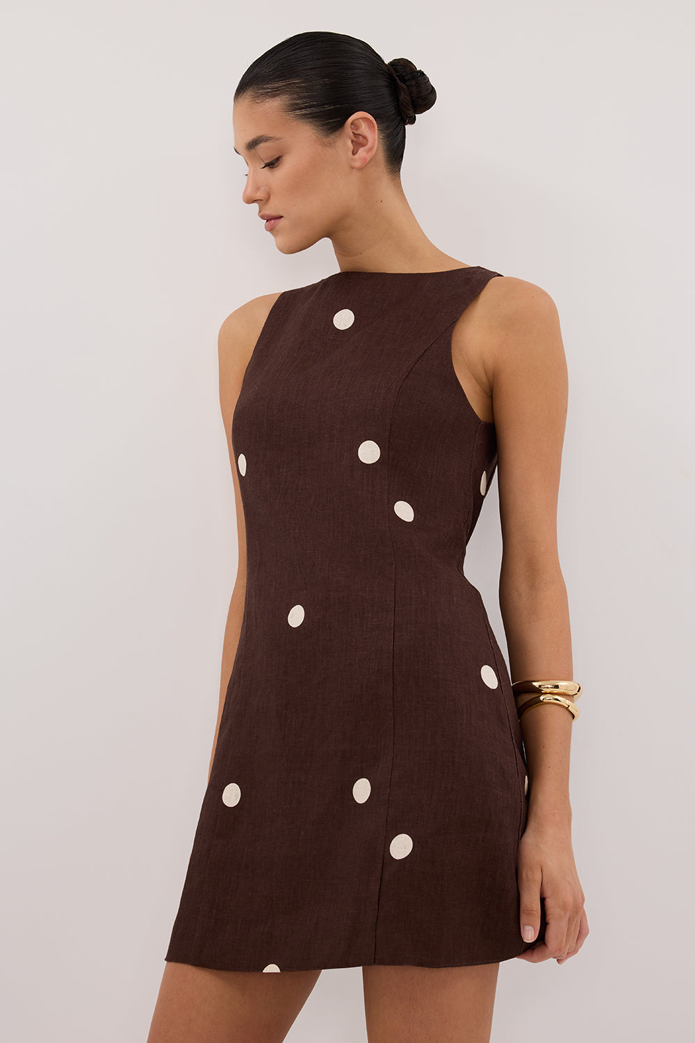 BEVERLY BITTER CHOC SPOT LINEN MINI DRESS
