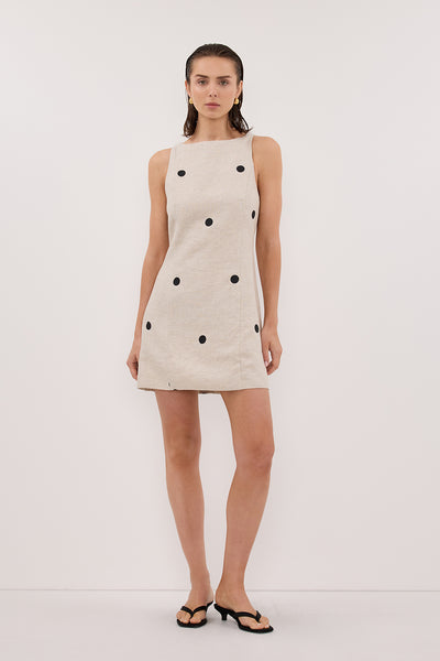 Stas wearing BEVERLY NATURAL SPOT LINEN MINI DRESS
