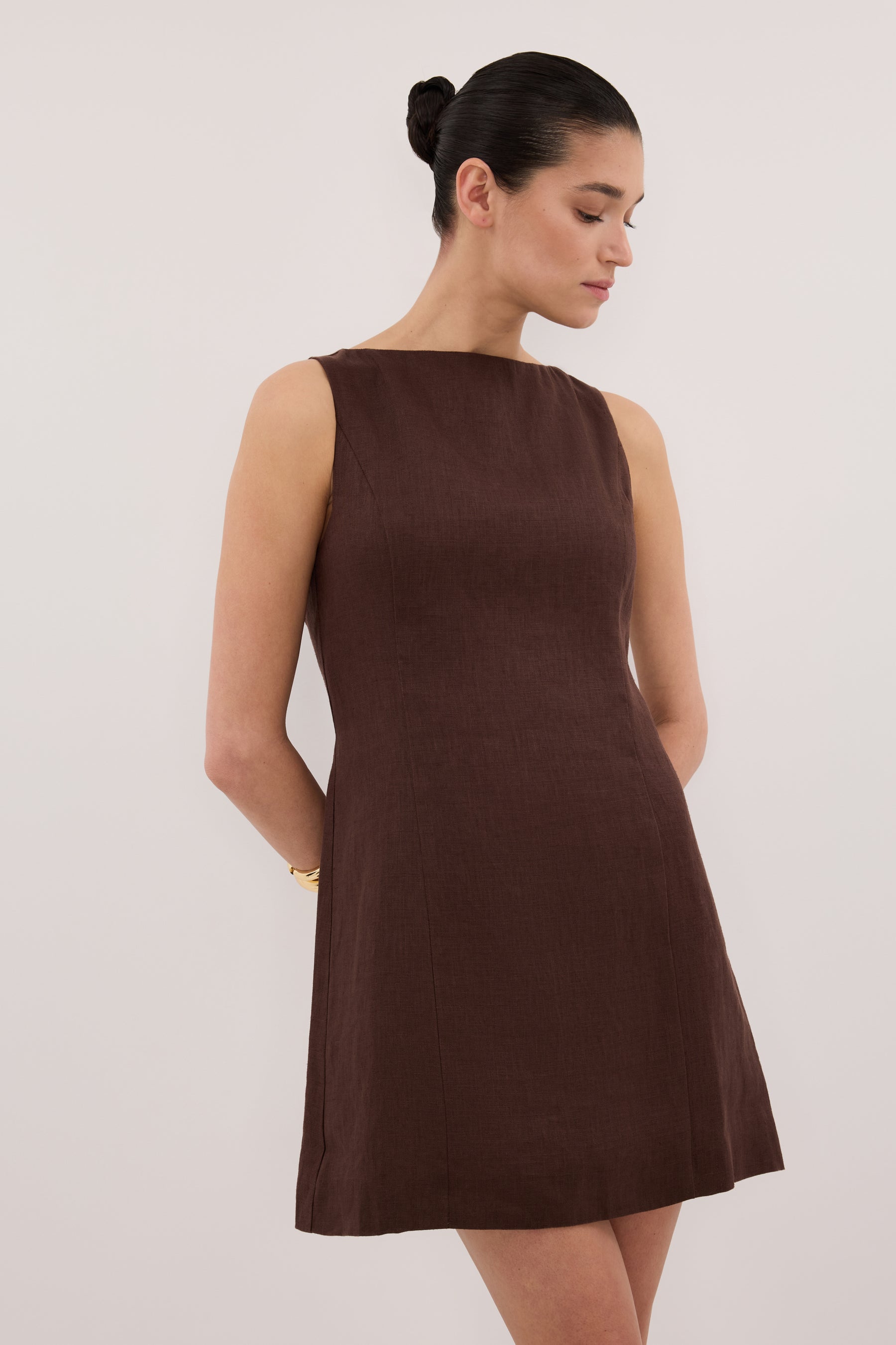 Lacy Sleeveless Linen Mini Dress in Cocoa By DISSH