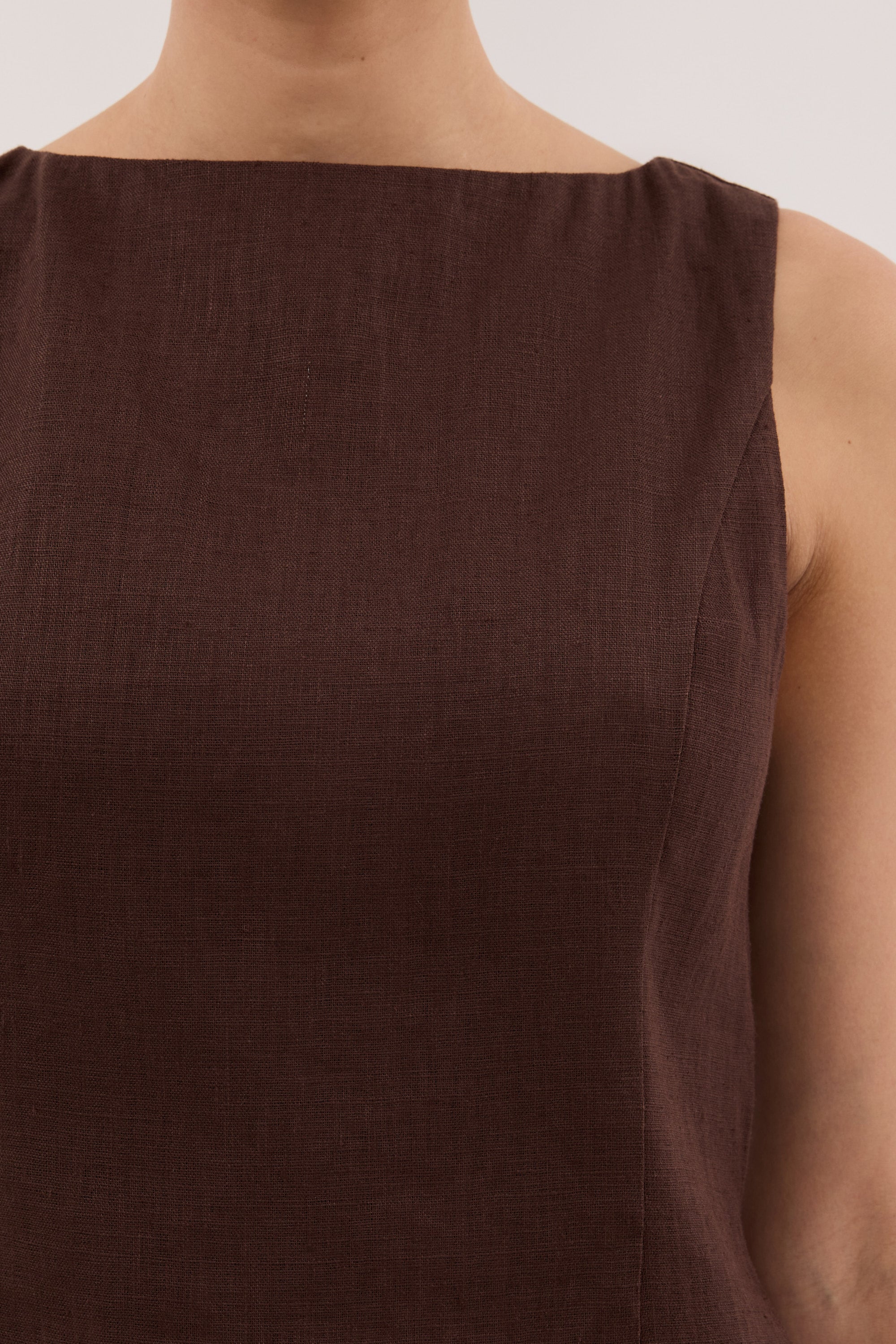 Lacy Sleeveless Linen Mini Dress in Cocoa By DISSH