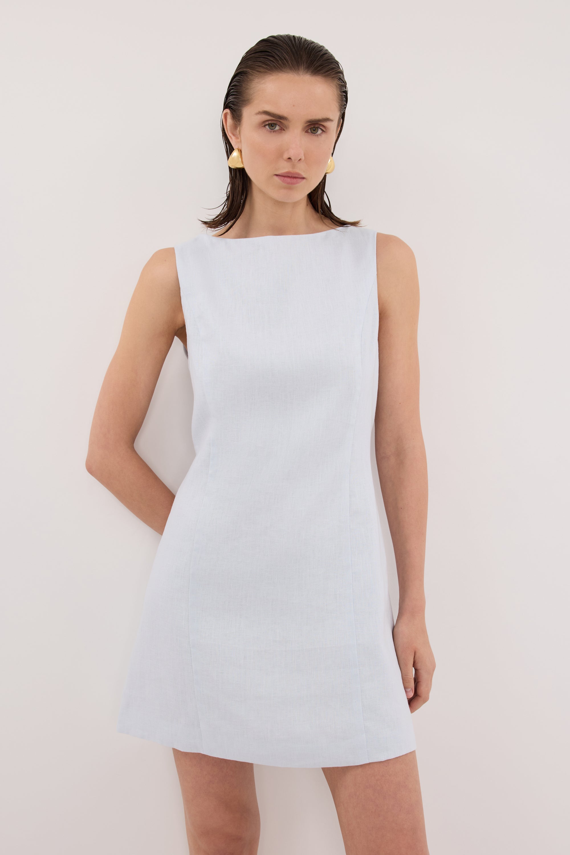 Lacy Linen Mini Dress in Cornflower By DISSH Lacy Linen Mini Dress in Cornflower By DISSH