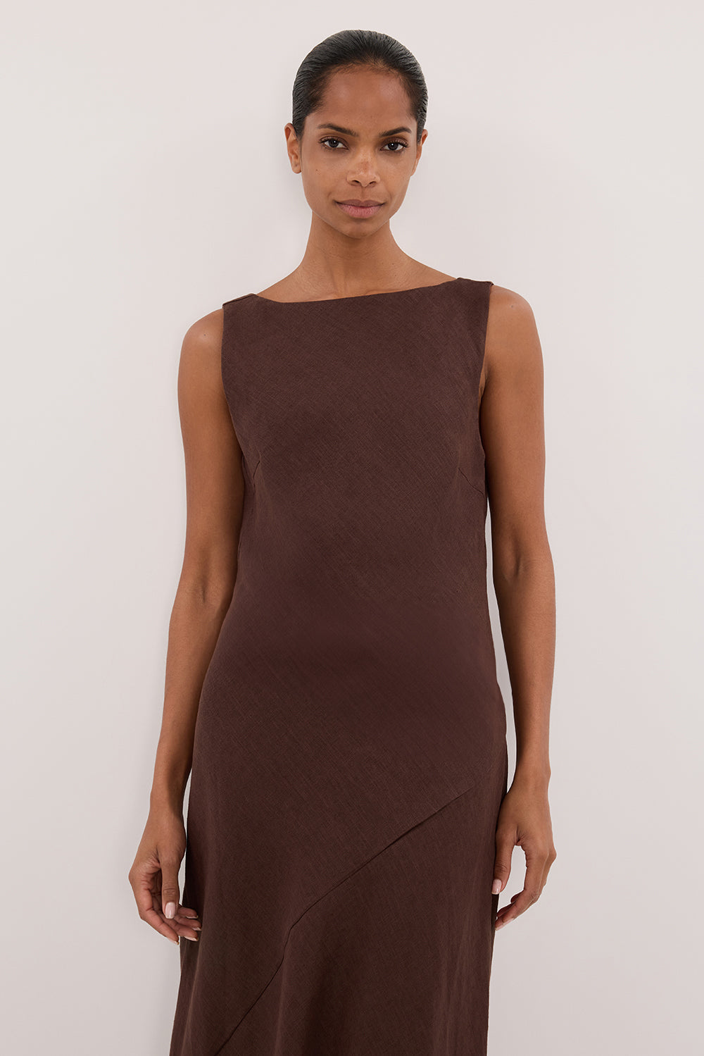 LACY COCOA SLEEVELESS LINEN MIDI DRESS