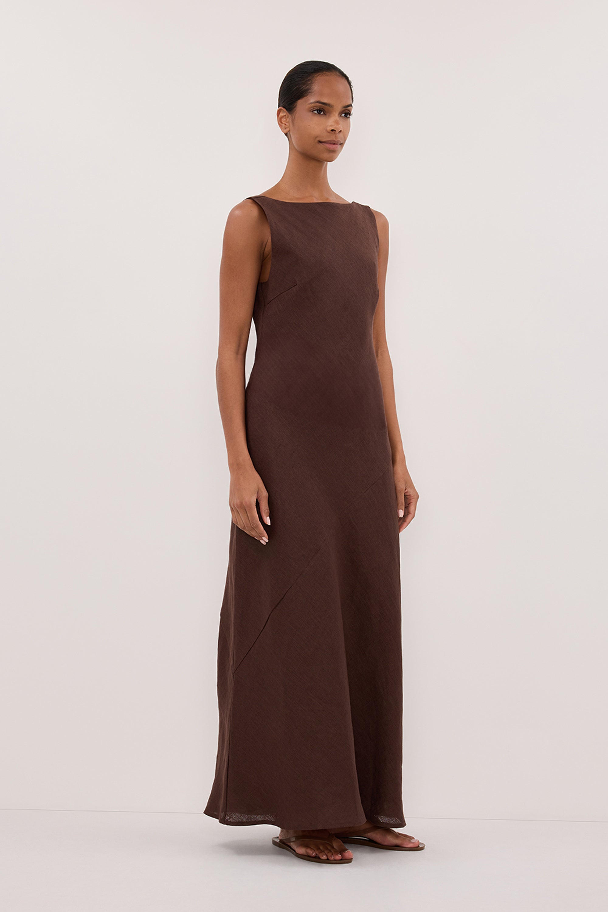 dish dress Mila Silk Sleeveless Midi in Dusty Blue By DISSH High boat neckline DANIELLA COCOA LINEN TIE BACK