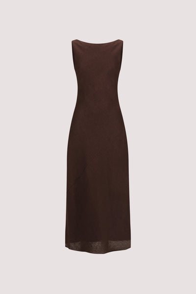 Lacy Sleeveless Linen Midi Dress in Cocoa By DISSH Lacy Sleeveless Linen Midi Dress in Cocoa By DISSH