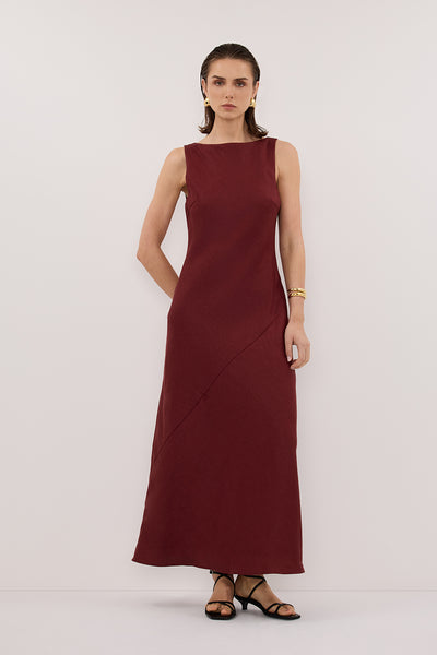 Stas wearing LACY SAHARA SLEEVELESS LINEN MIDI DRESS