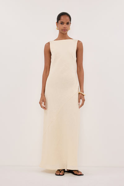 Kristen wearing LACY STRAW SLEEVELESS LINEN MIDI DRESS