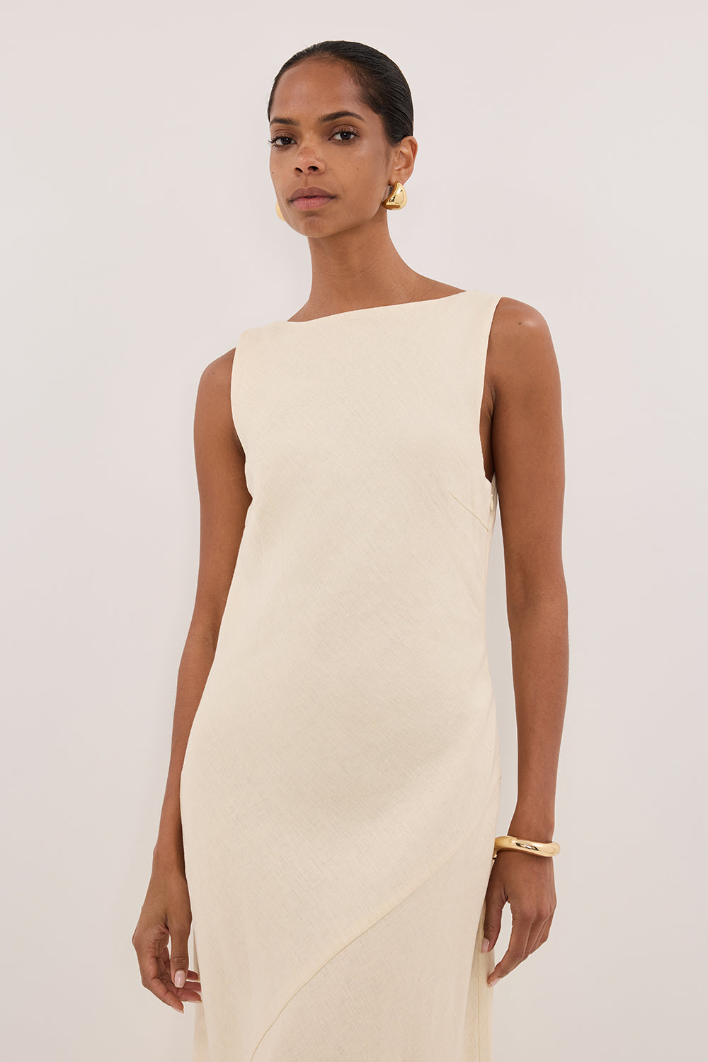 LACY STRAW SLEEVELESS LINEN MIDI DRESS