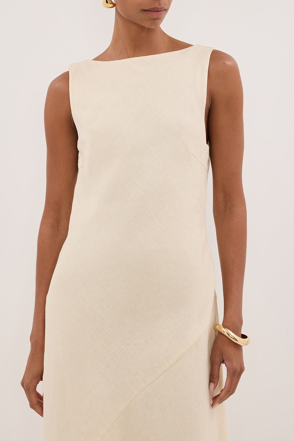 LACY STRAW SLEEVELESS LINEN MIDI DRESS