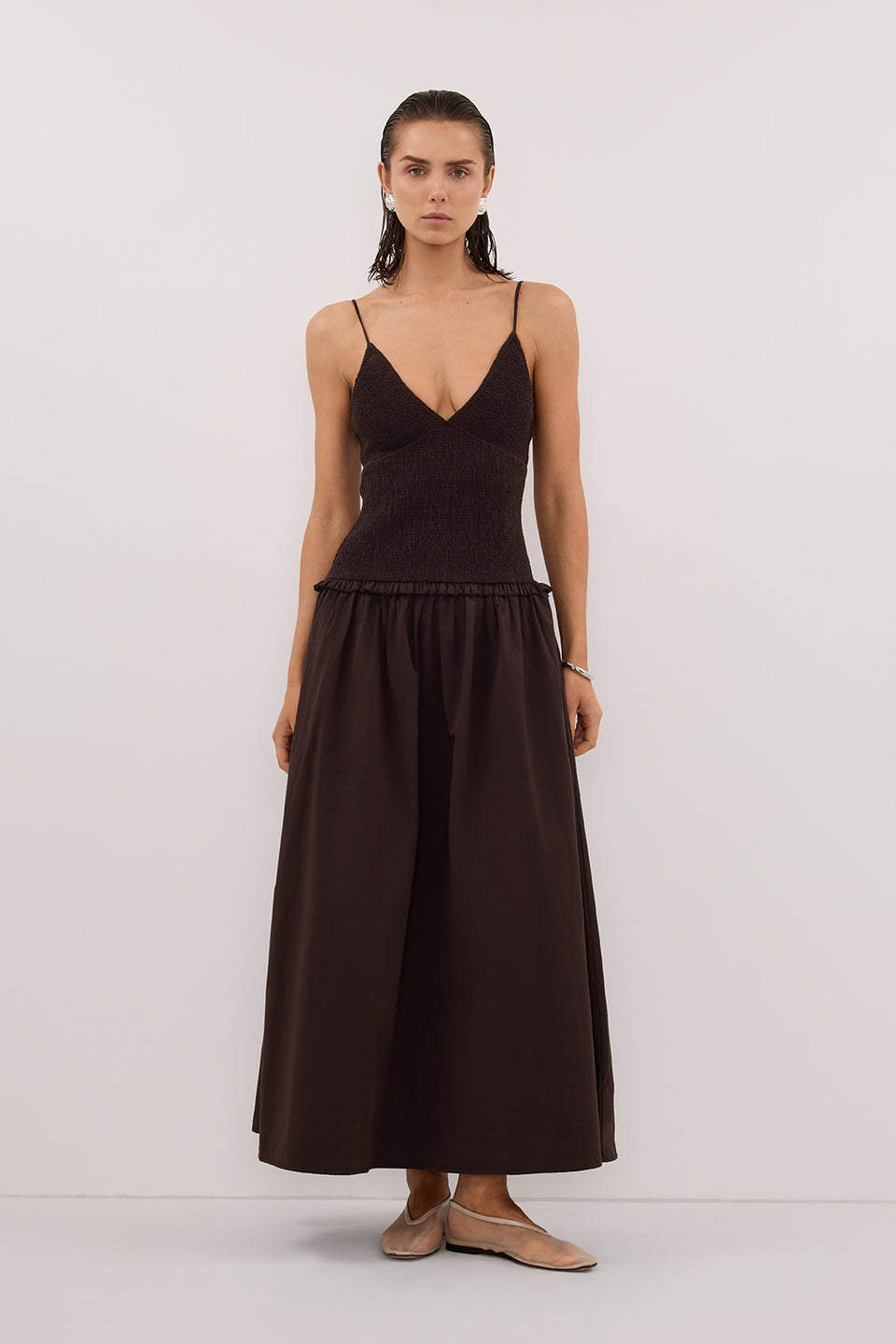 RAMONA BURNT CHOC SLEEVELESS COTTON MIDI DRESS