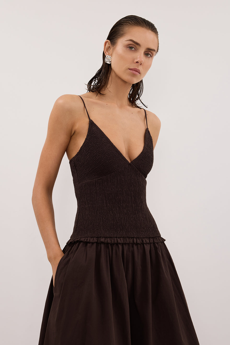 RAMONA BURNT CHOC SLEEVELESS COTTON MIDI DRESS