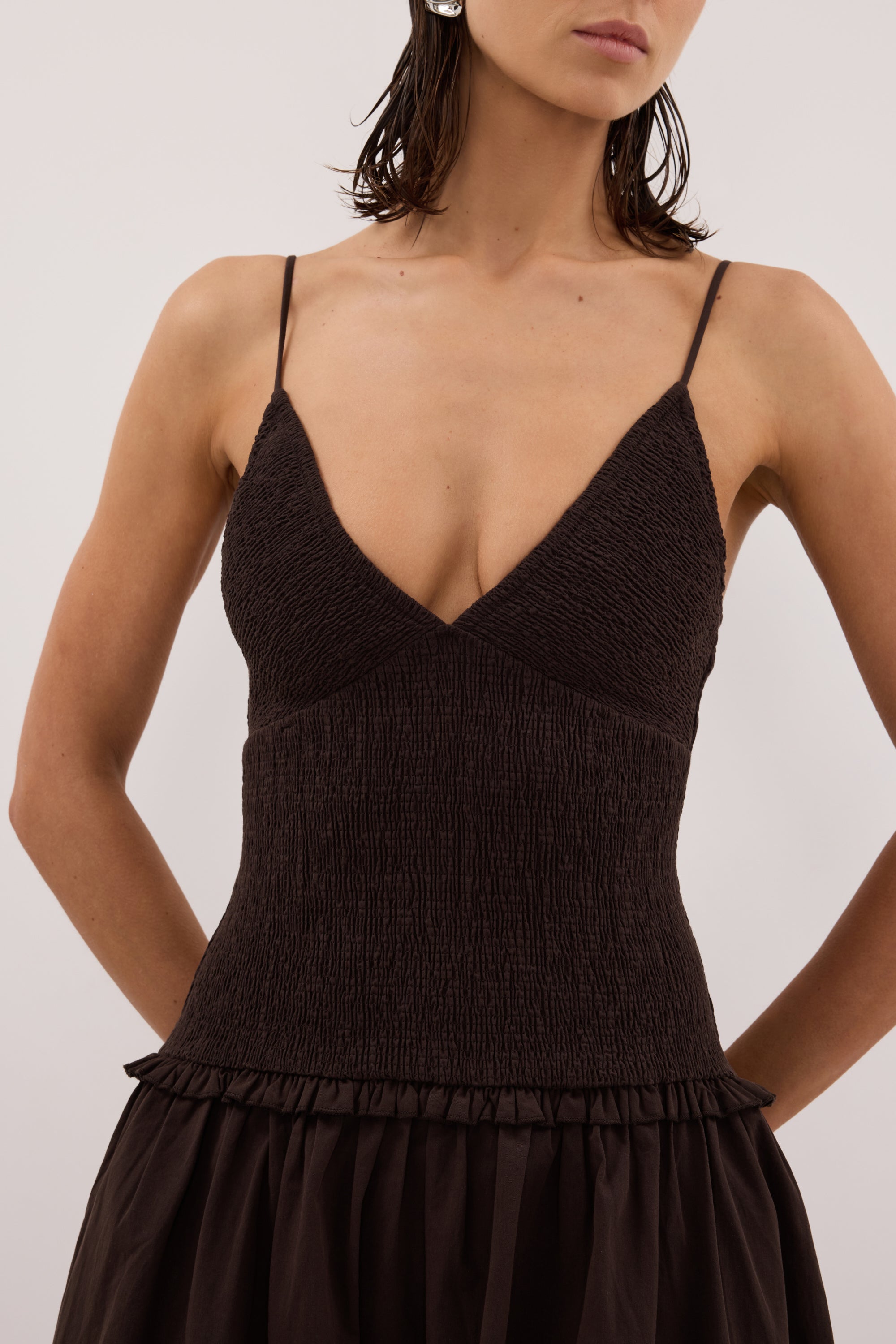 RAMONA BURNT CHOC SLEEVELESS COTTON MIDI DRESS