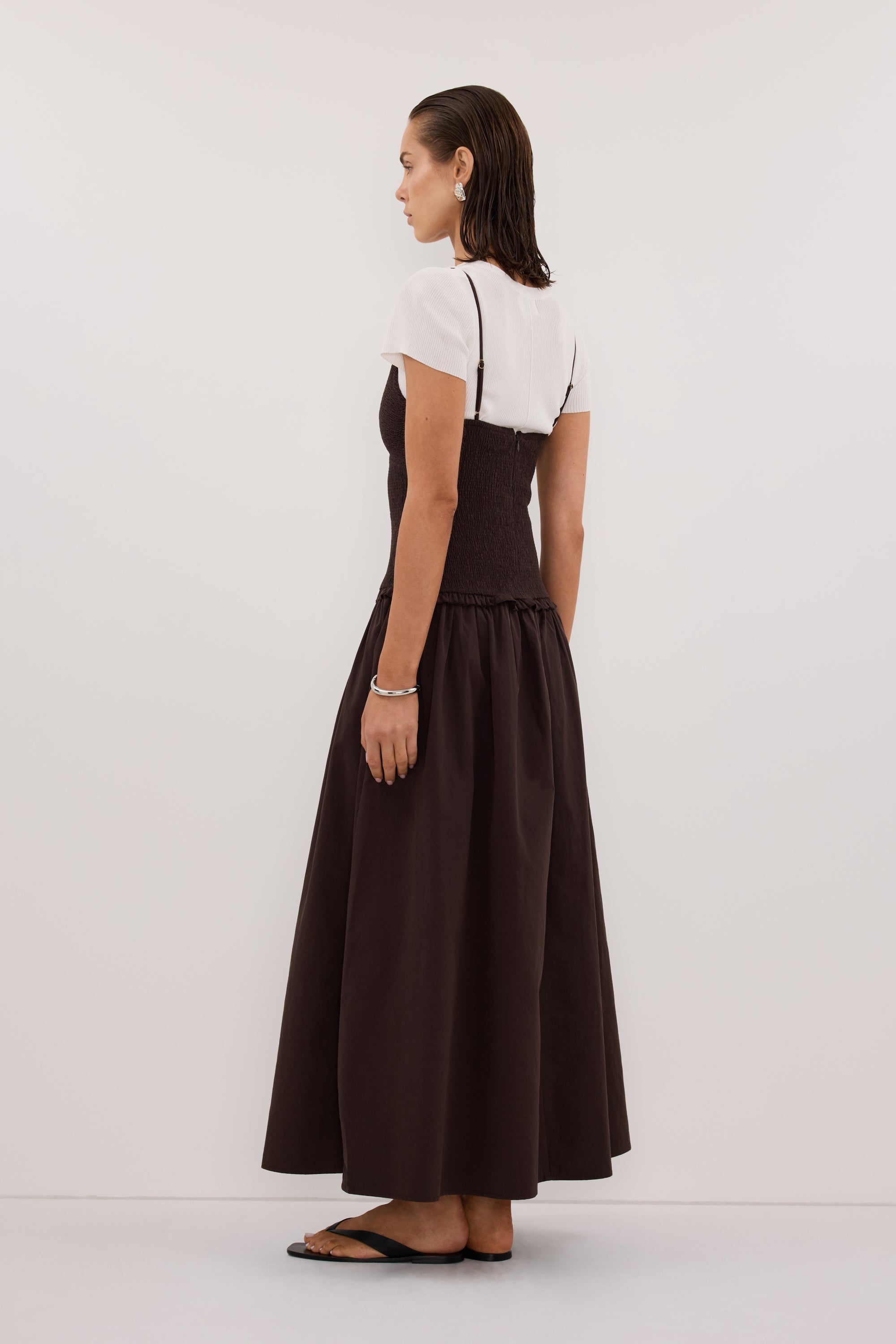 RAMONA BURNT CHOC SLEEVELESS COTTON MIDI DRESS