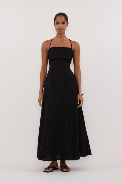 Kristen wearing DANIELLA BLACK LINEN TIE BACK MIDI DRESS