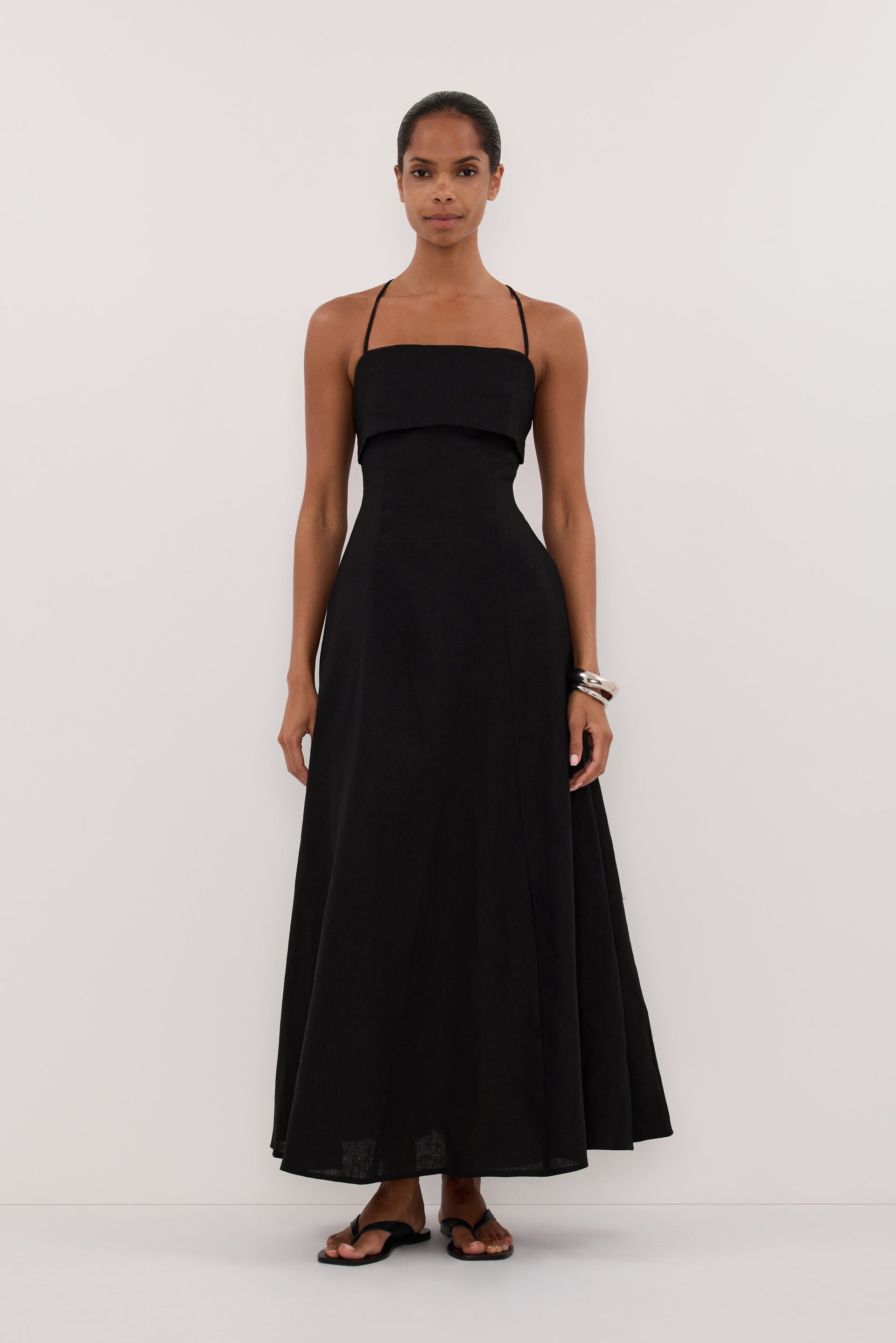 Daniella Linen Tie Back Sleeveless Midi Dress in Black By DISSH