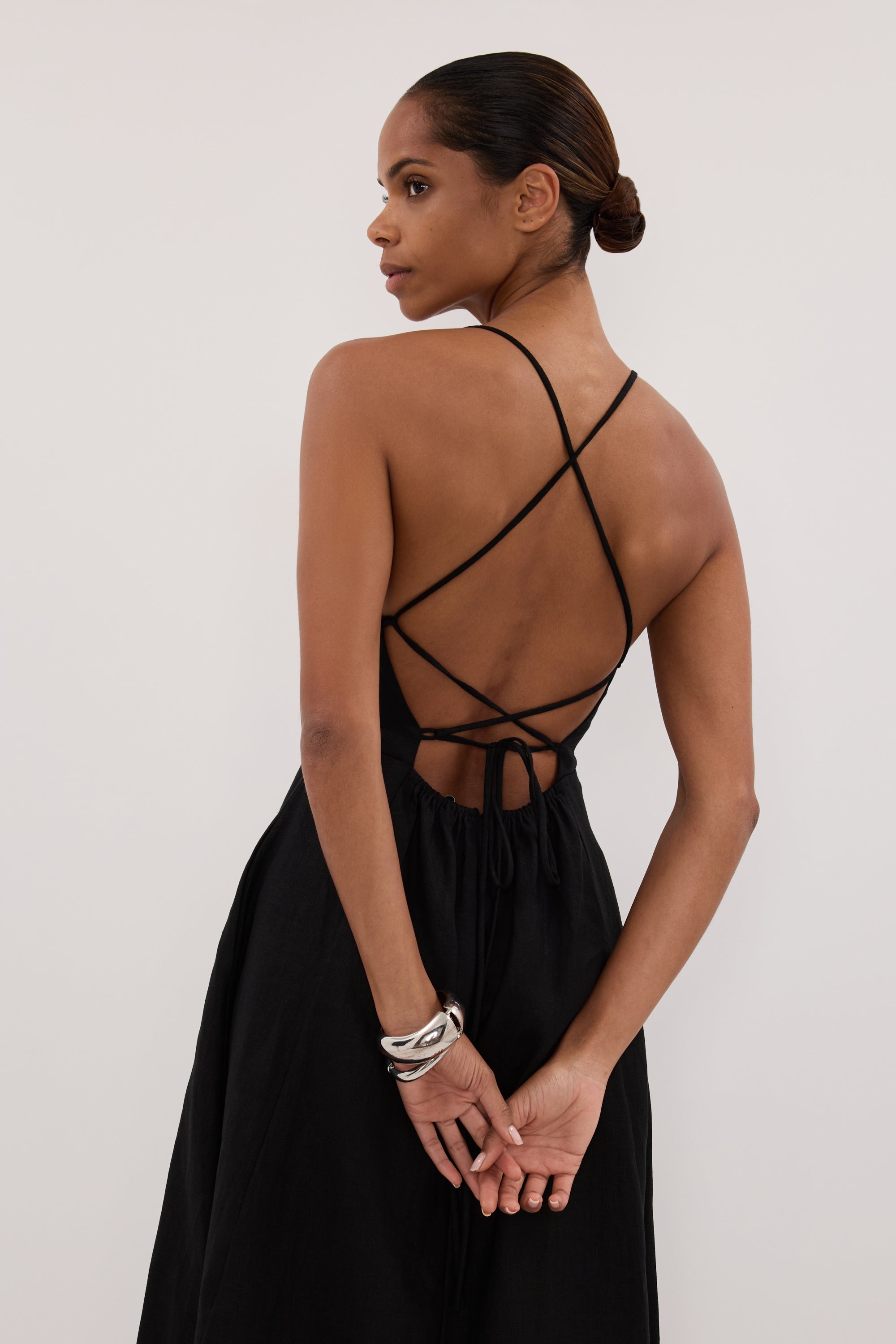 DANIELLA BLACK LINEN TIE BACK MIDI DRESS