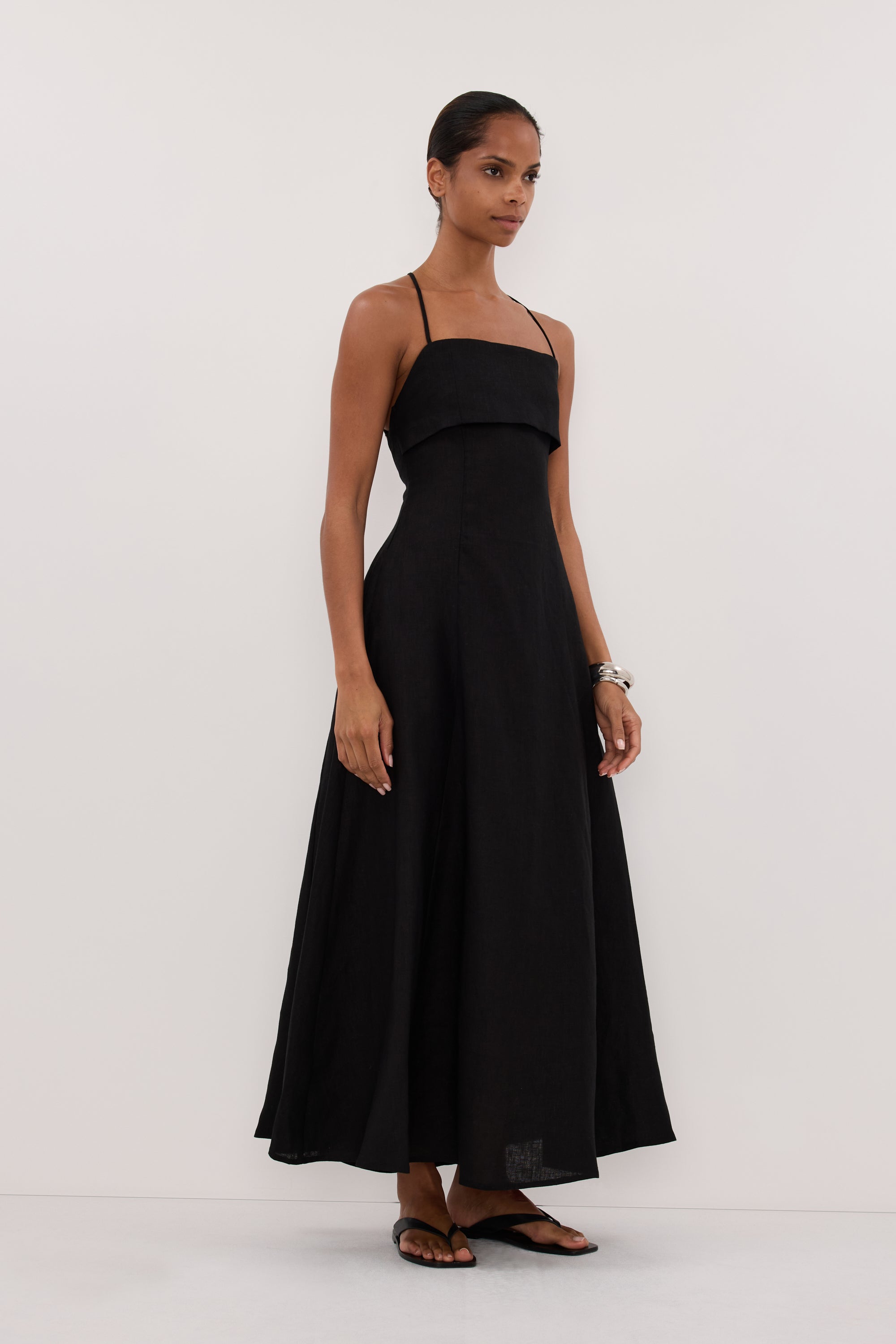 DANIELLA BLACK LINEN TIE BACK MIDI DRESS