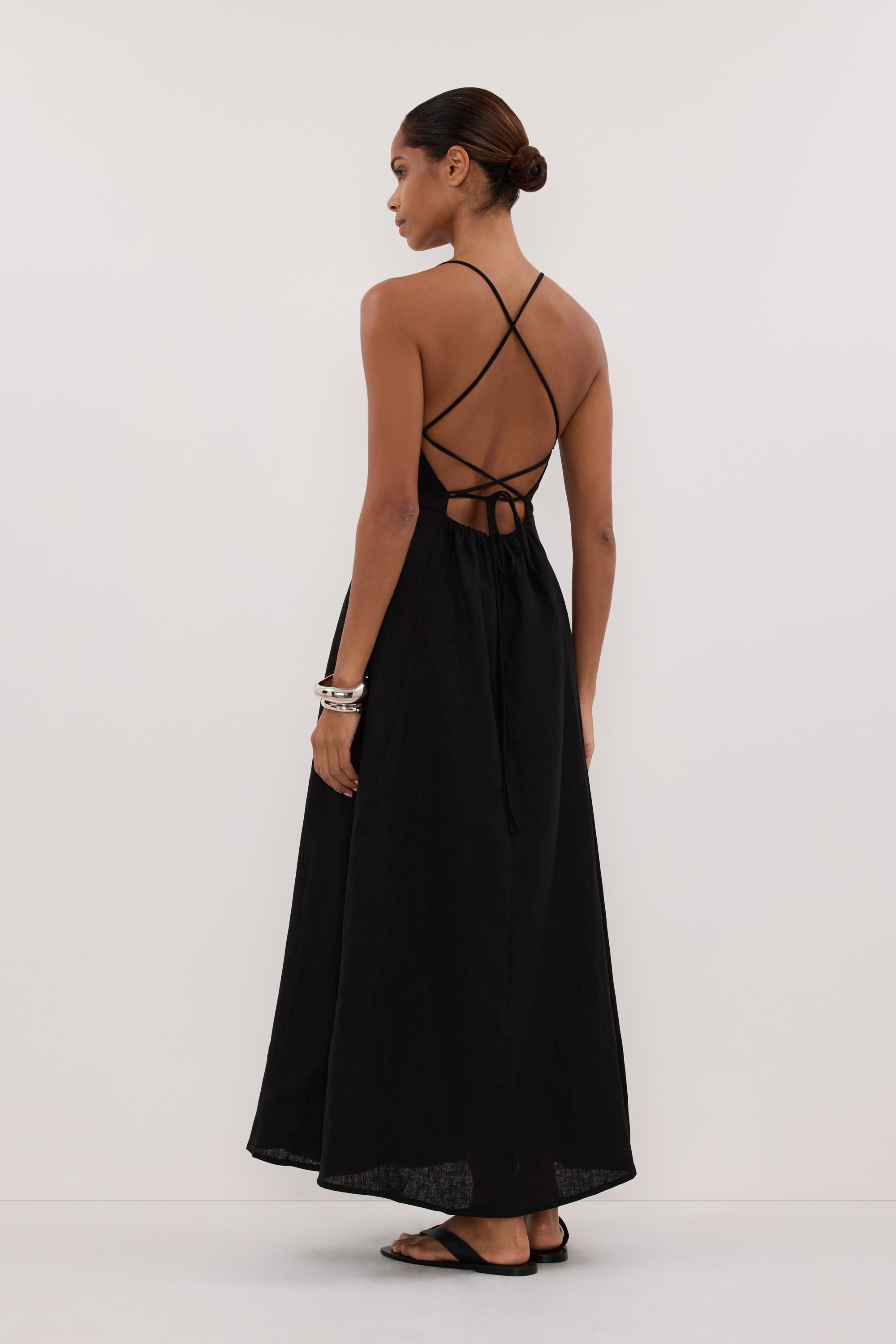 DANIELLA BLACK LINEN TIE BACK MIDI DRESS