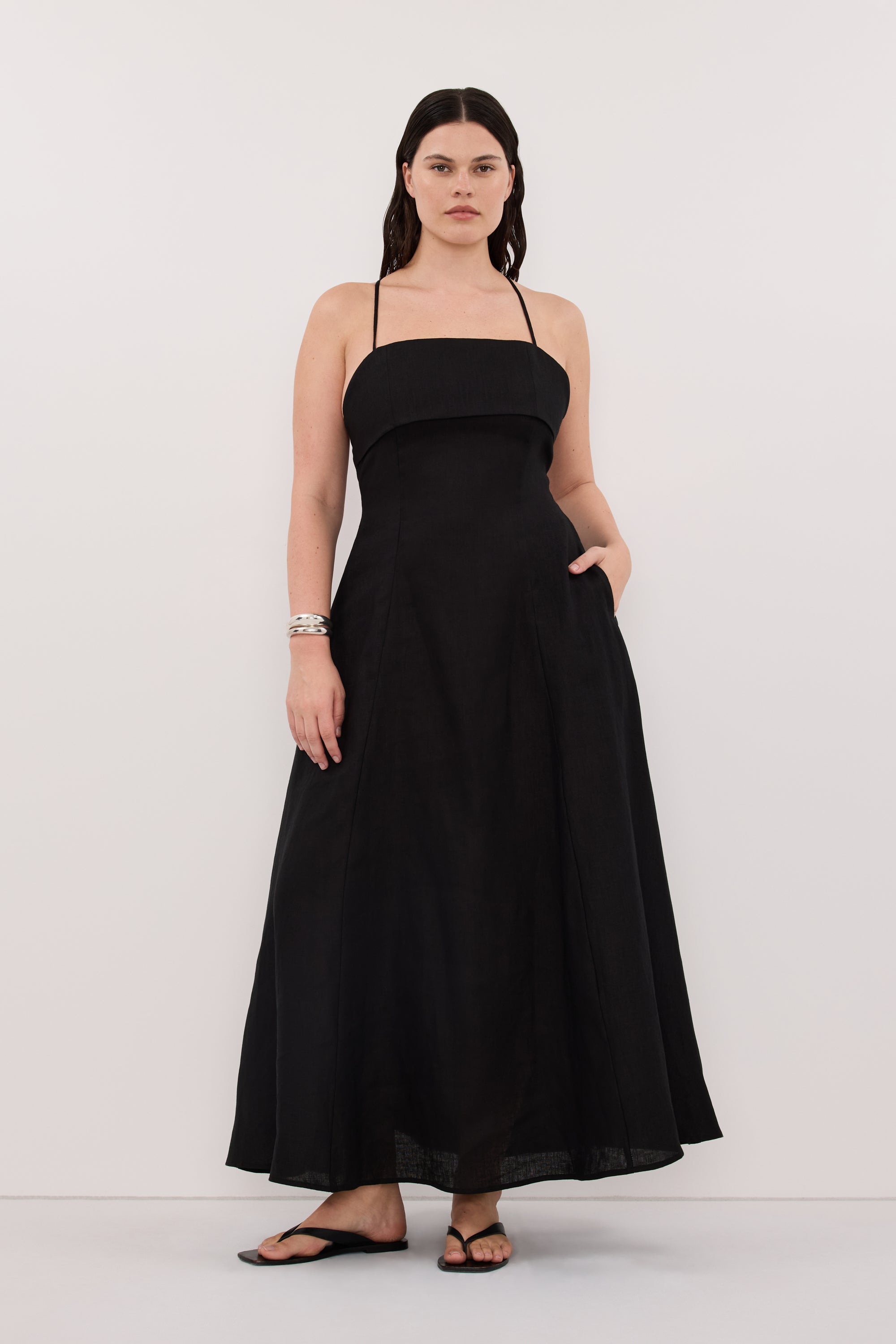 DANIELLA BLACK LINEN TIE BACK MIDI DRESS