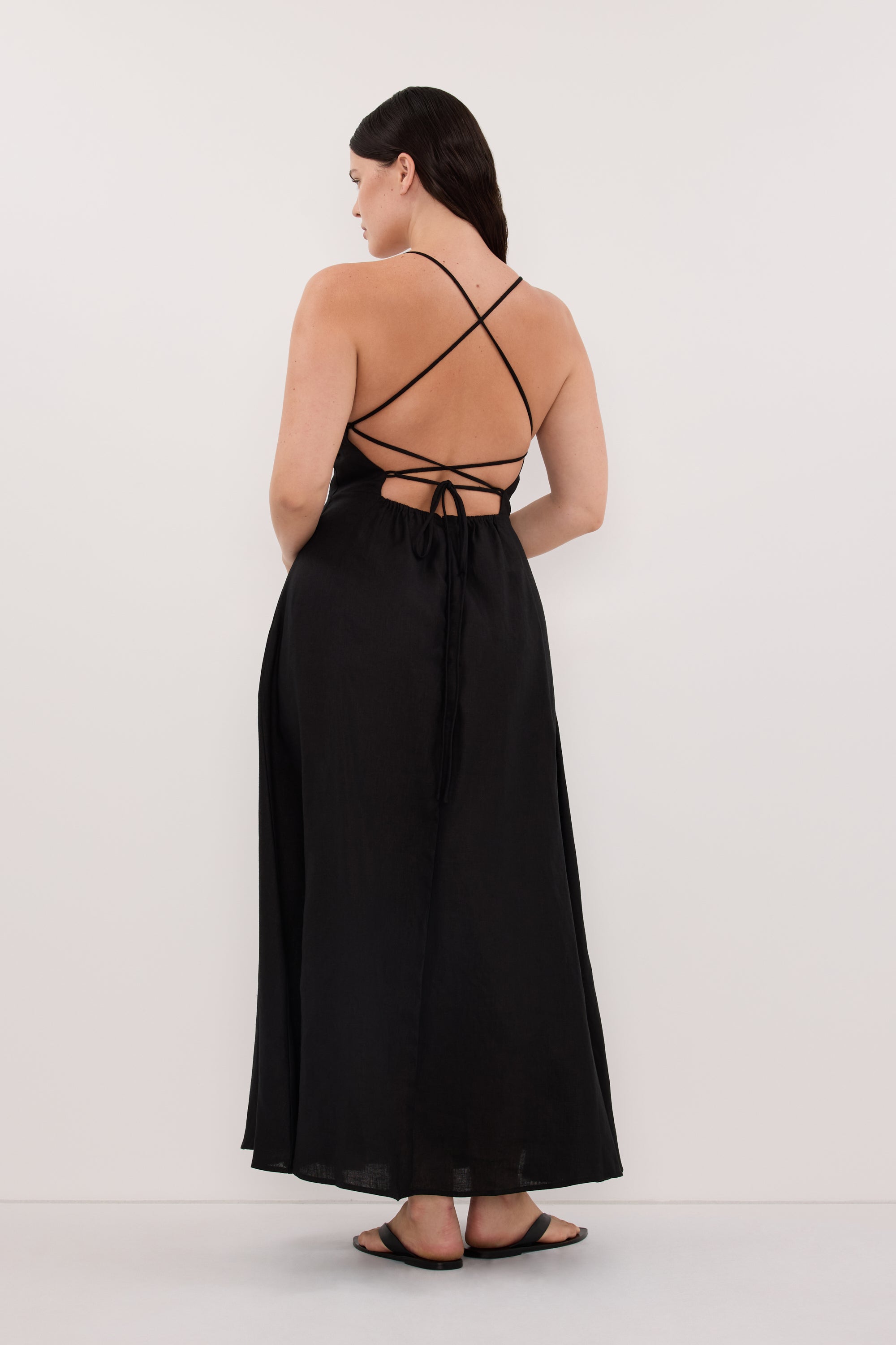 DANIELLA BLACK LINEN TIE BACK MIDI DRESS