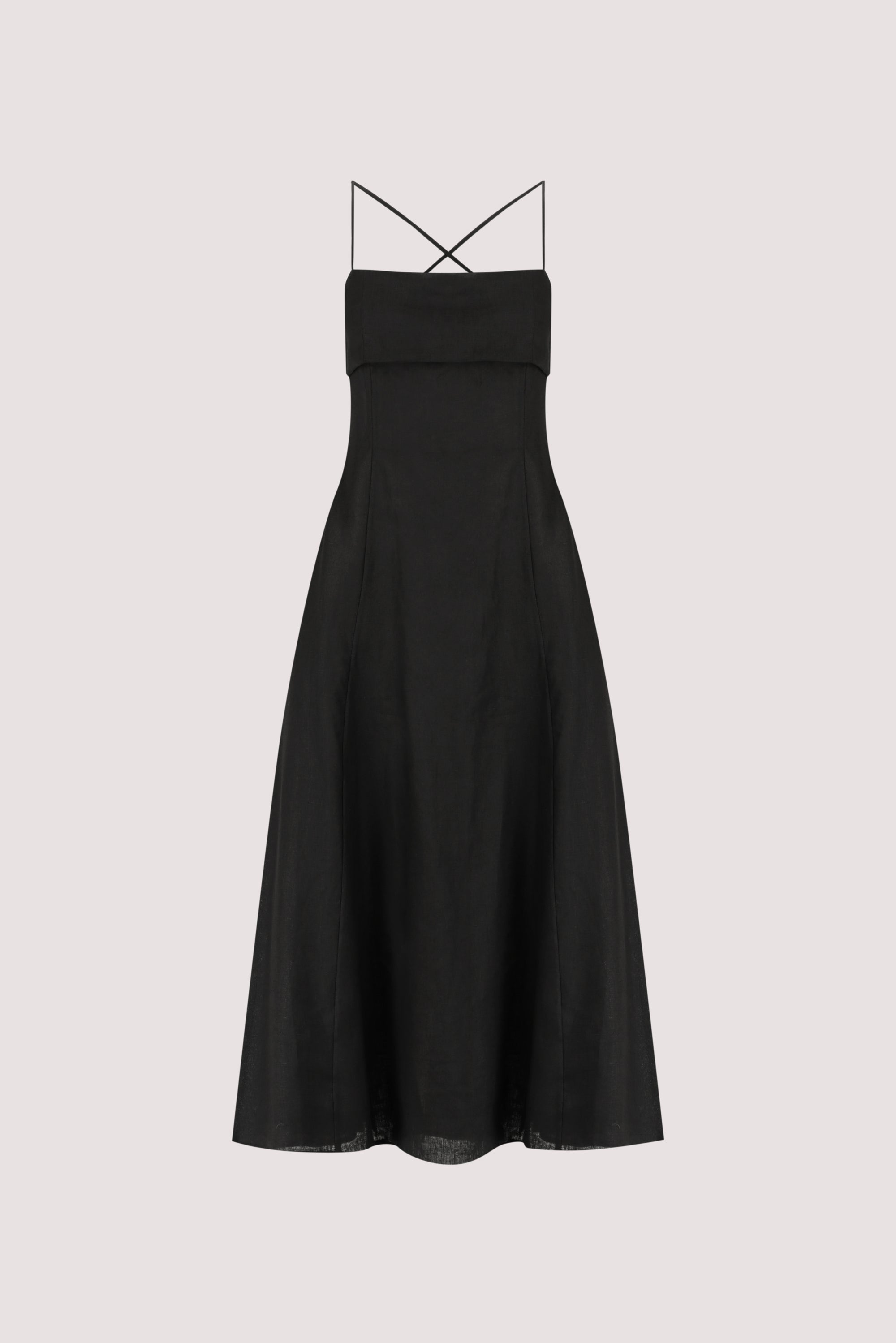 DANIELLA BLACK LINEN TIE BACK MIDI DRESS