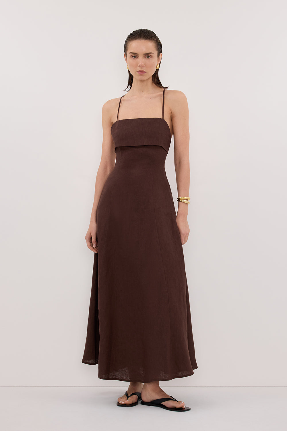 DANIELLA COCOA LINEN TIE BACK MIDI DRESS