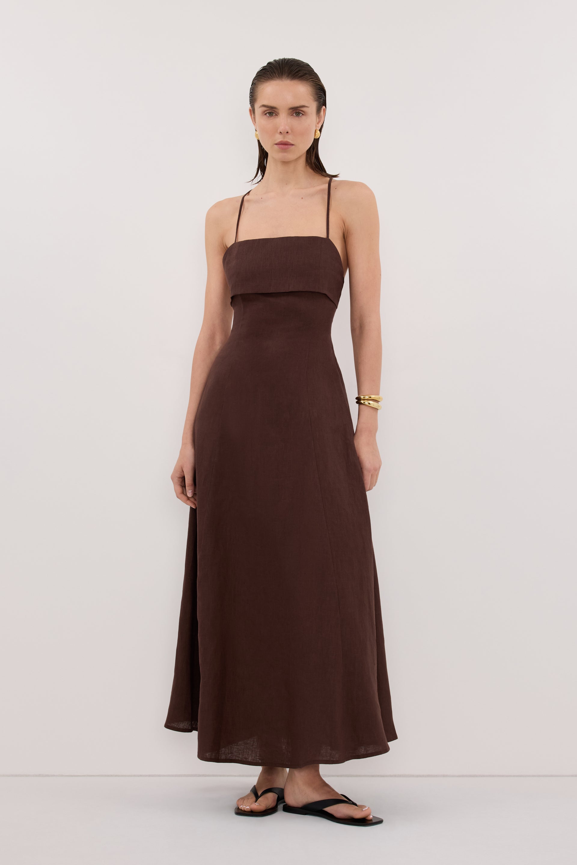 Daniella Linen Tie Back Sleeveless Midi Dress in Cocoa By DISSH Daniella Linen Tie Back Sleeveless Midi Dress in Cocoa By DISSH