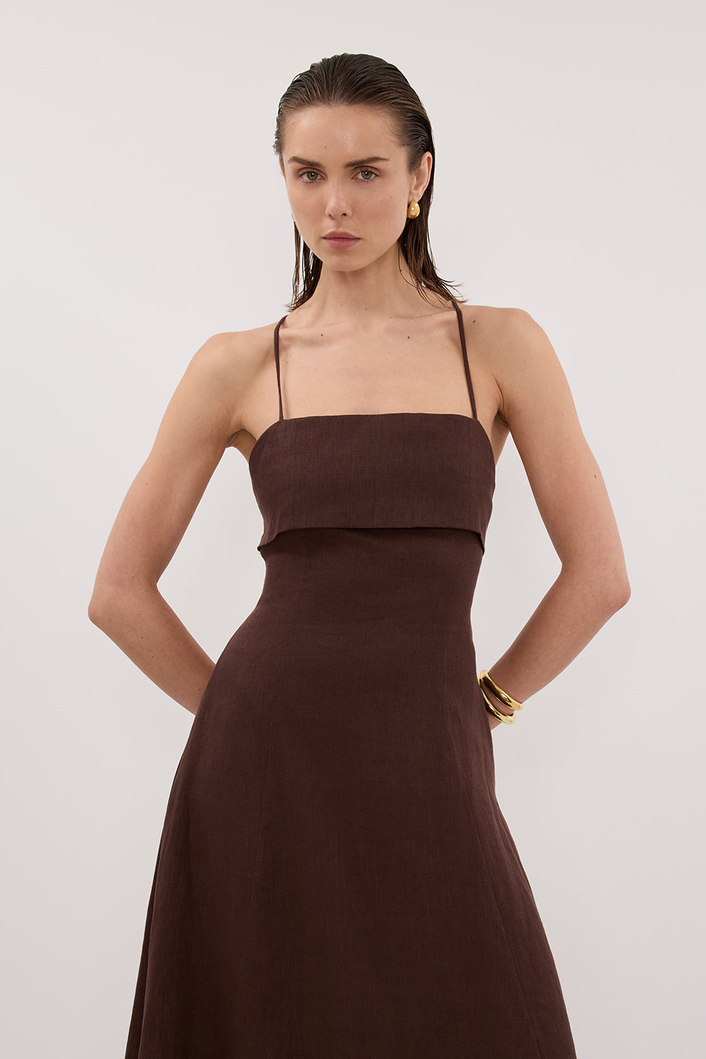 DANIELLA COCOA LINEN TIE BACK MIDI DRESS