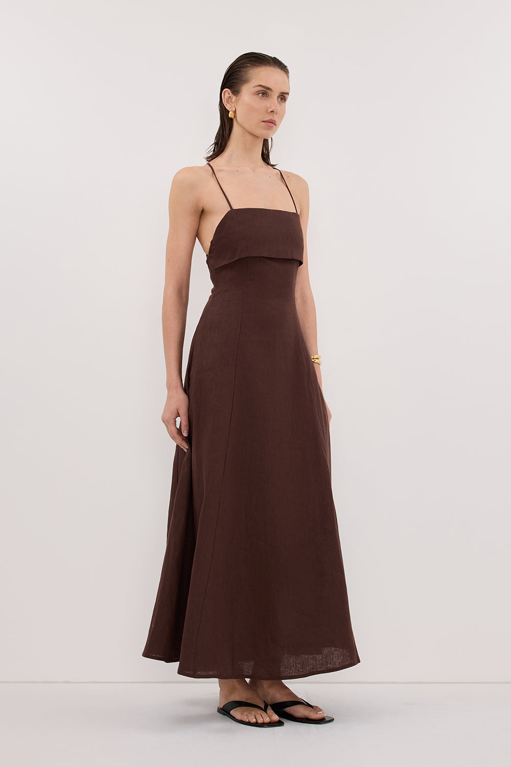 DANIELLA COCOA LINEN TIE BACK MIDI DRESS