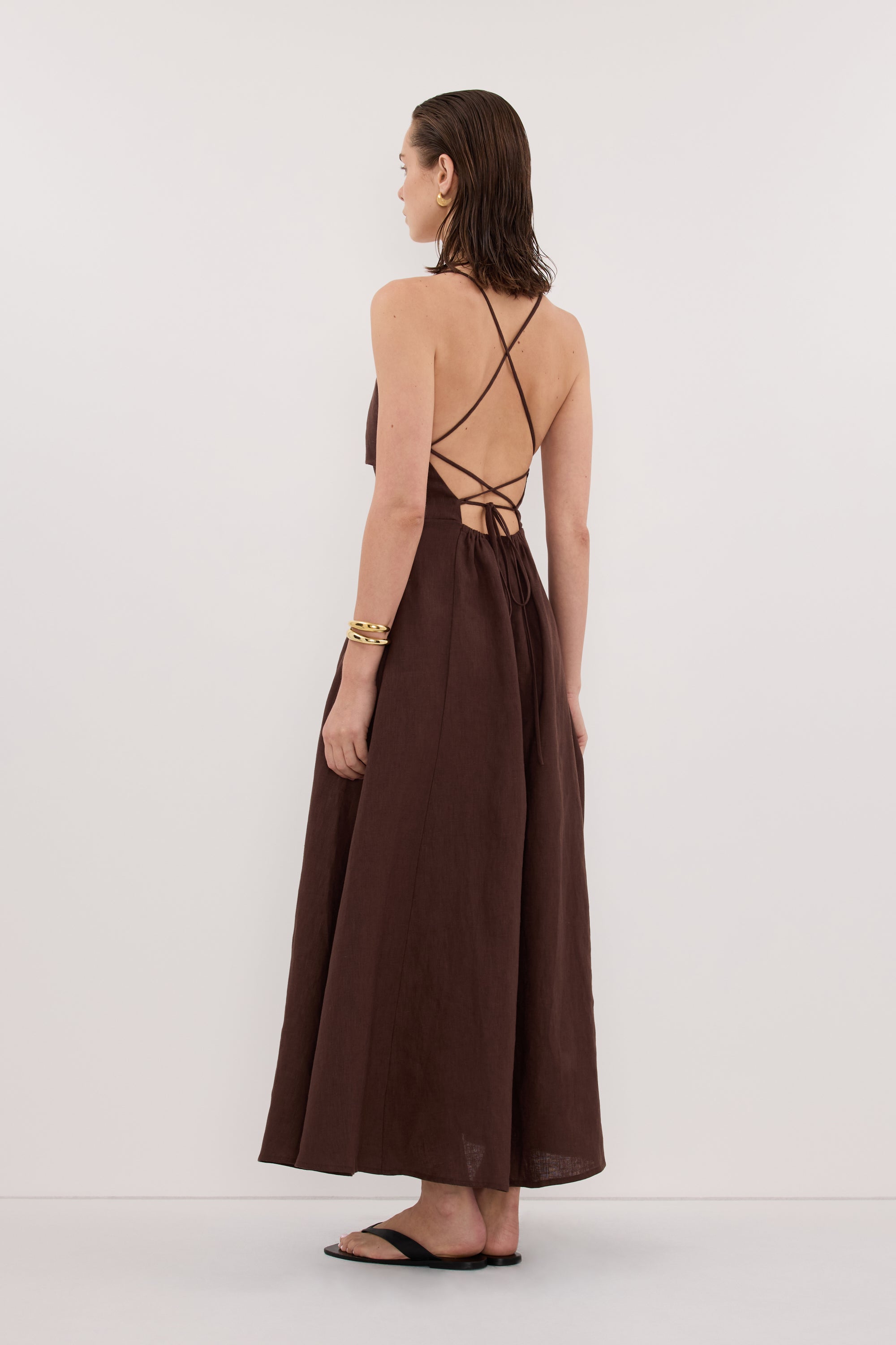Daniella Linen Tie Back Sleeveless Midi Dress in Cocoa By DISSH Daniella Linen Tie Back Sleeveless Midi Dress in Cocoa By DISSH