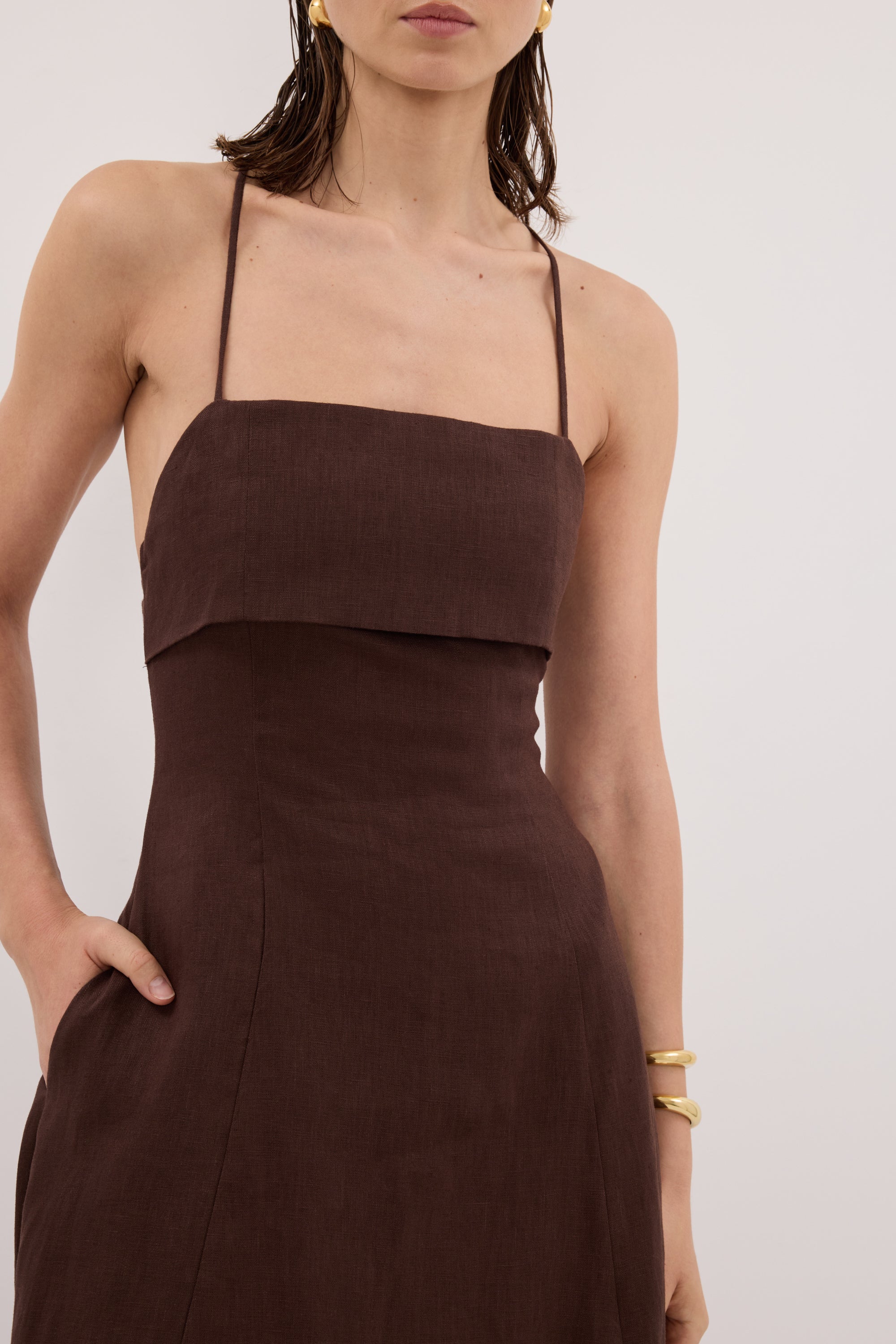 Daniella Linen Tie Back Sleeveless Midi Dress in Cocoa By DISSH Daniella Linen Tie Back Sleeveless Midi Dress in Cocoa By DISSH