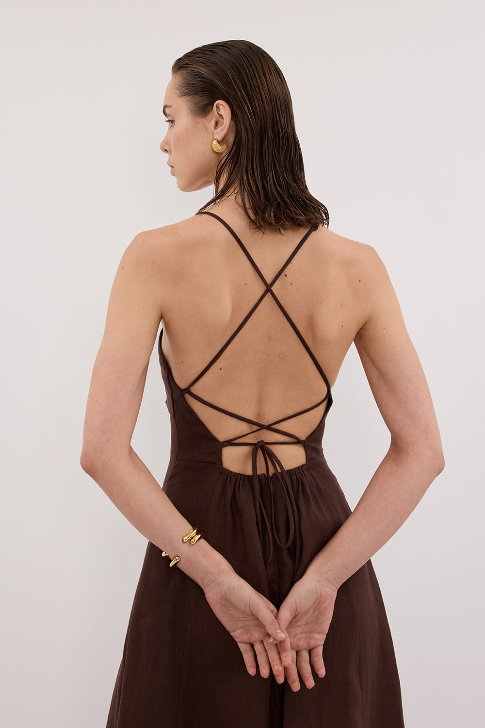 DANIELLA COCOA LINEN TIE BACK MIDI DRESS