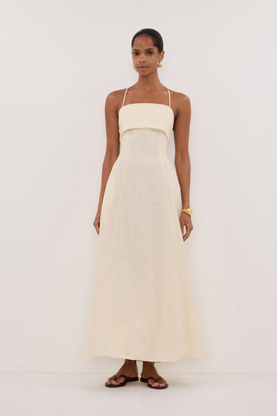 Daniella Linen Tie Back Sleeveless Midi Dress in Straw By DISSH