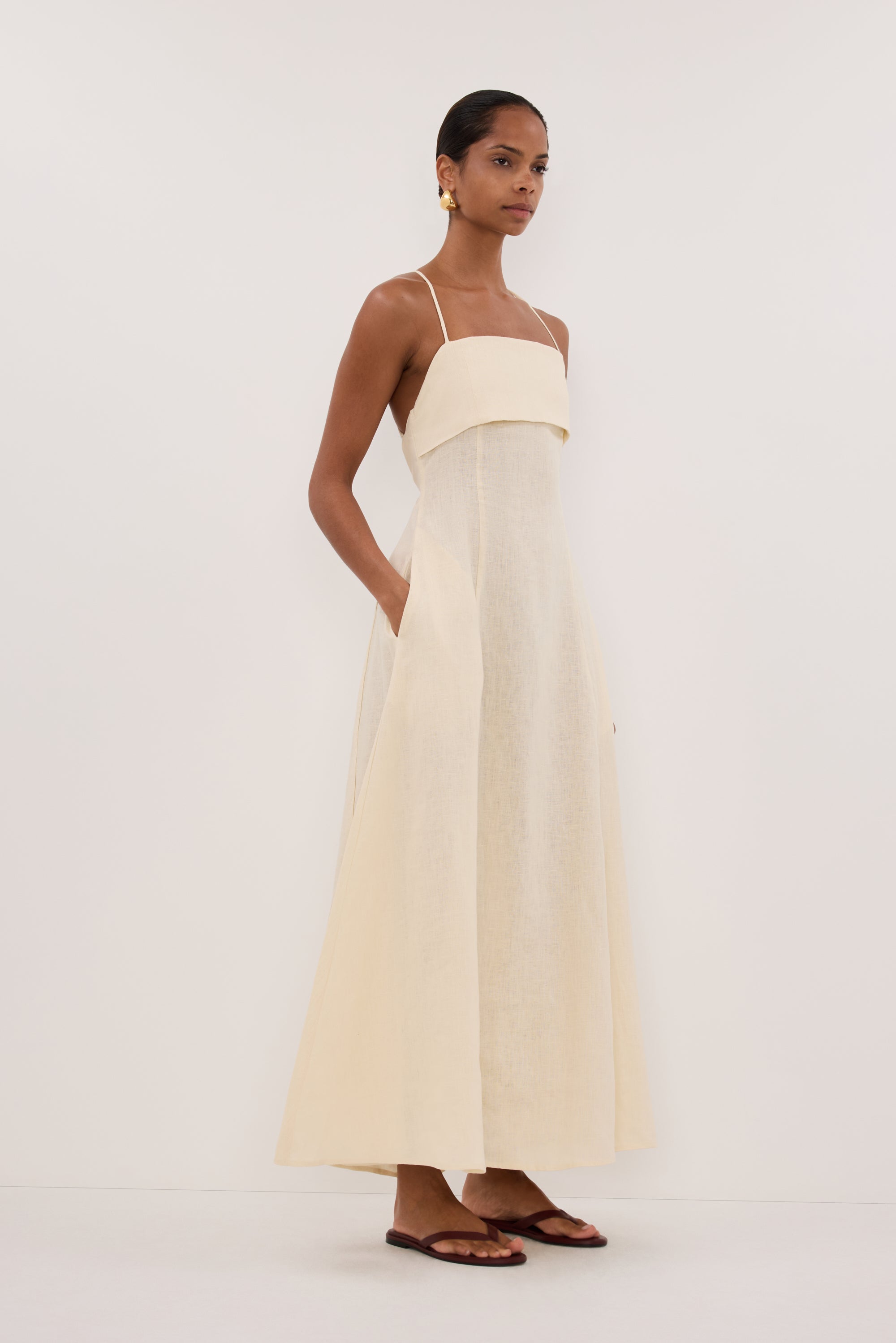 DANIELLA STRAW LINEN TIE BACK MIDI DRESS – DISSH
