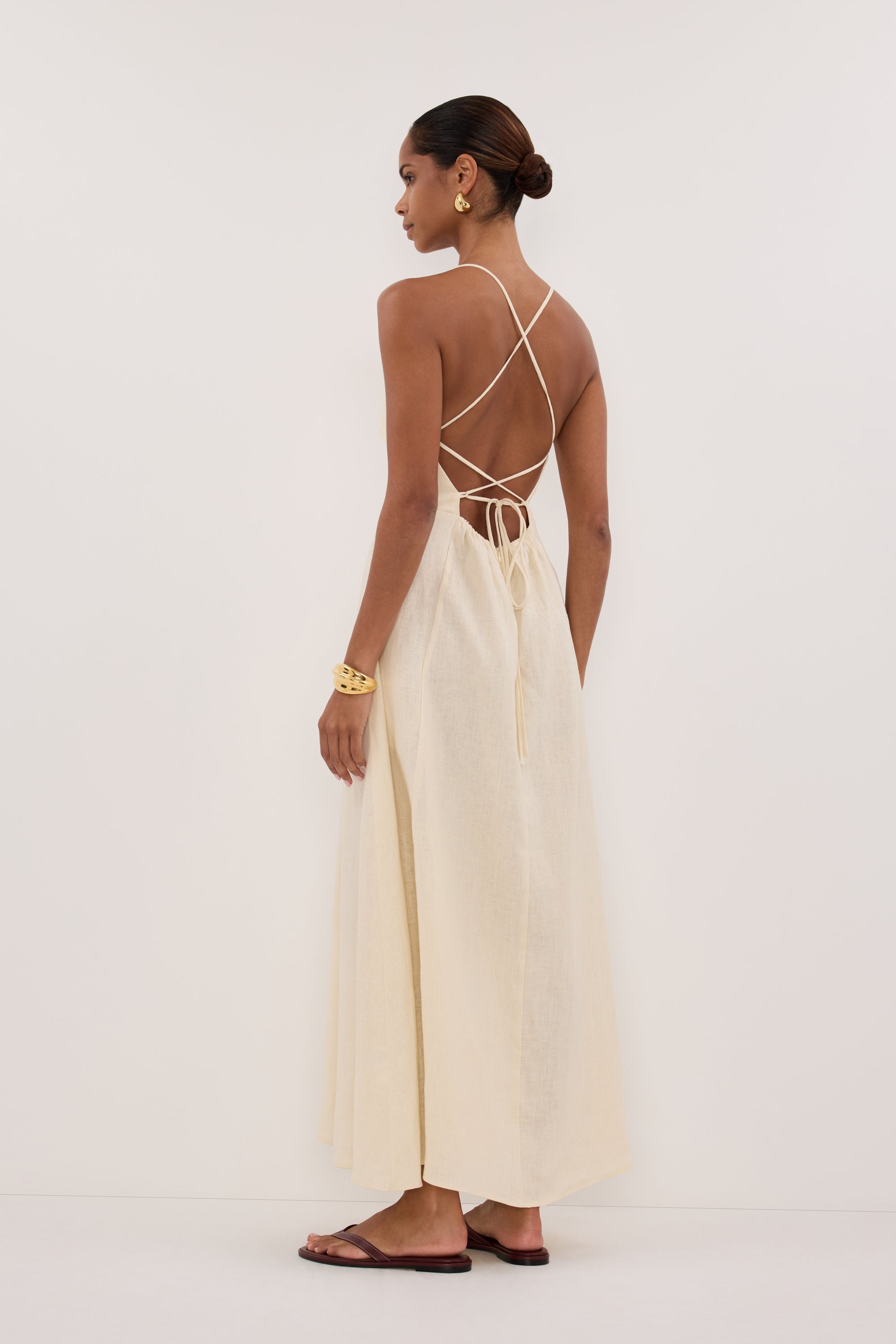 DANIELLA STRAW LINEN TIE BACK MIDI DRESS – DISSH