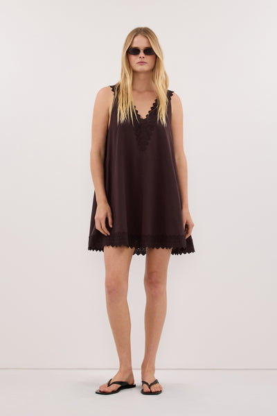 Zoe wearing ANNABEL BURNT CHOC SLEEVELESS V NECK MINI DRESS