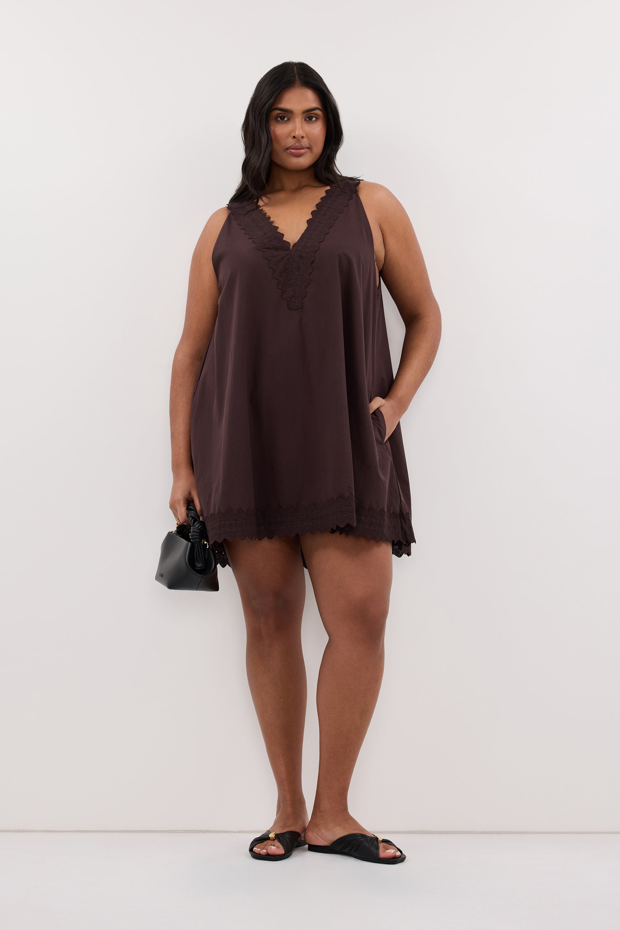 ANNABEL BURNT CHOC SLEEVELESS V NECK MINI DRESS
