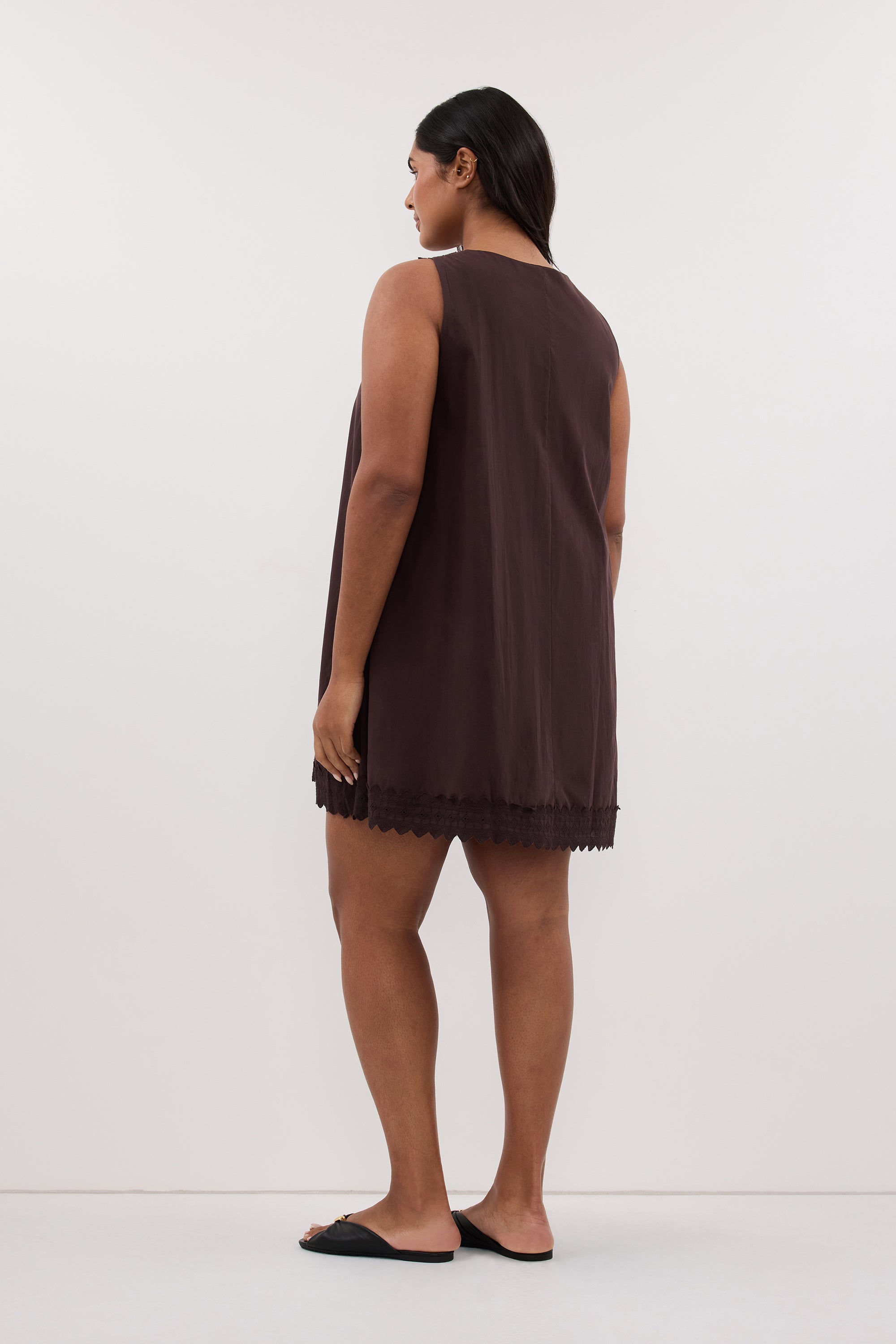 ANNABEL BURNT CHOC SLEEVELESS V NECK MINI DRESS