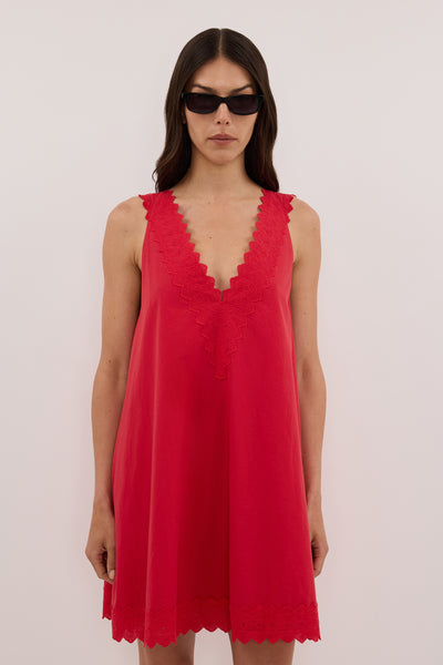Helena  wearing ANNABEL RED SLEEVELESS V NECK MINI DRESS